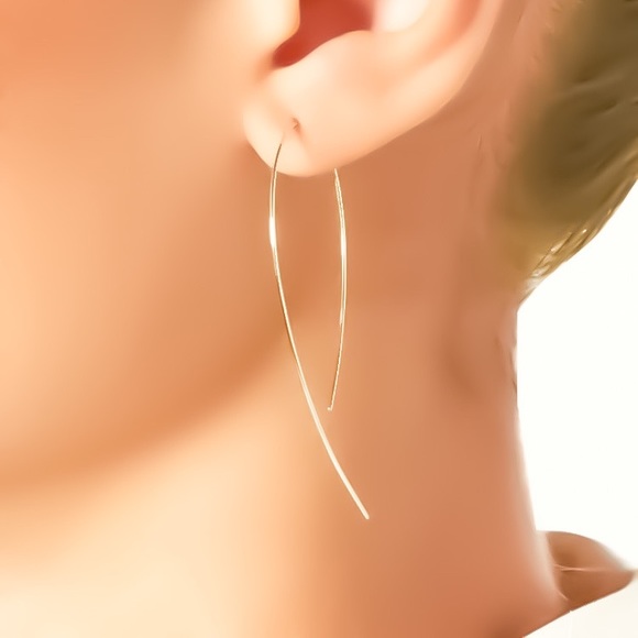 14K 𝗦𝗢𝗟𝗜𝗗 Yellow Gold Hooked On Hoops Upside Down Threader Earrings 2” Long - Picture 6 of 12